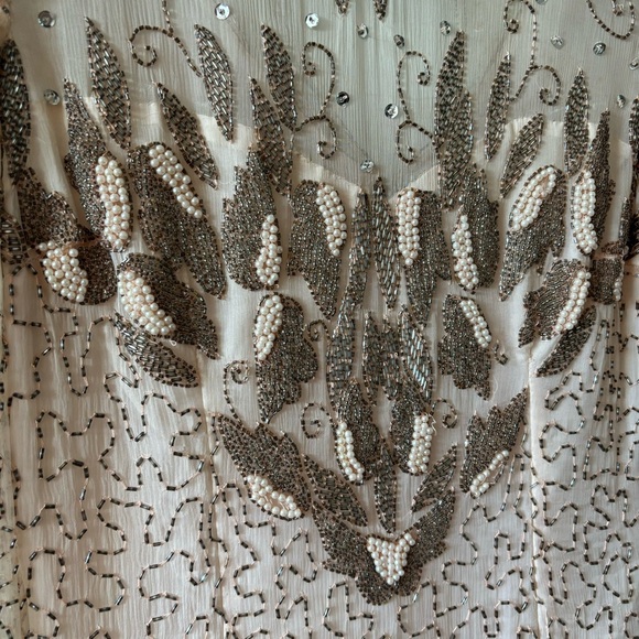 Vintage 70s Beaded Embroidered Sheer Long Sleeve Open Back Cocktail Party Dress - Picture 16 of 17